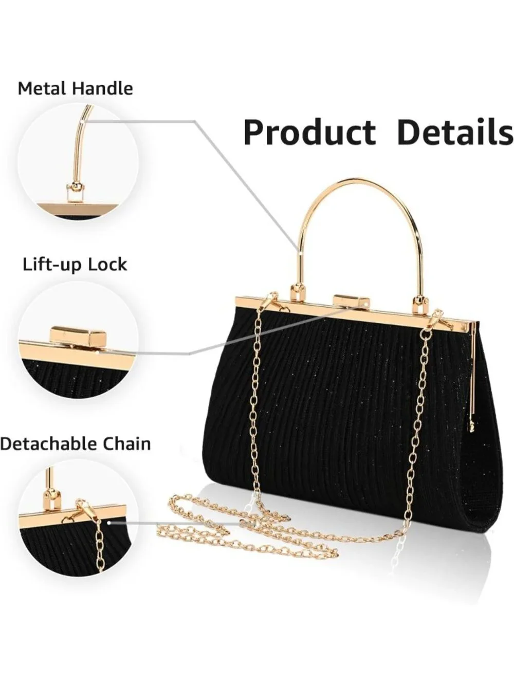 Women's Black F Glitter Pleated Clutch Purse Sparkly Wedding Evening Bag